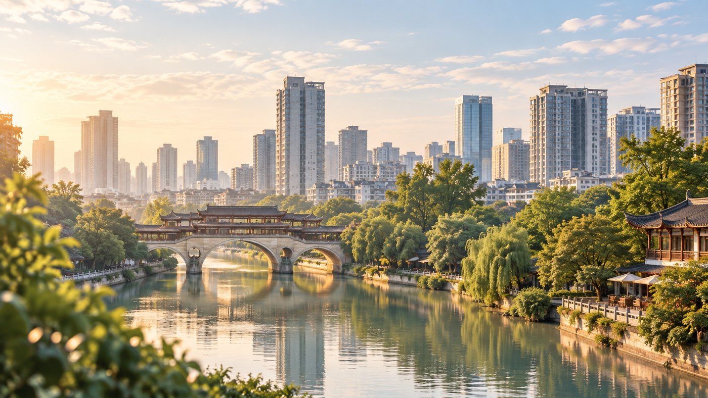 Green riverfront and cityscape in Chengdu