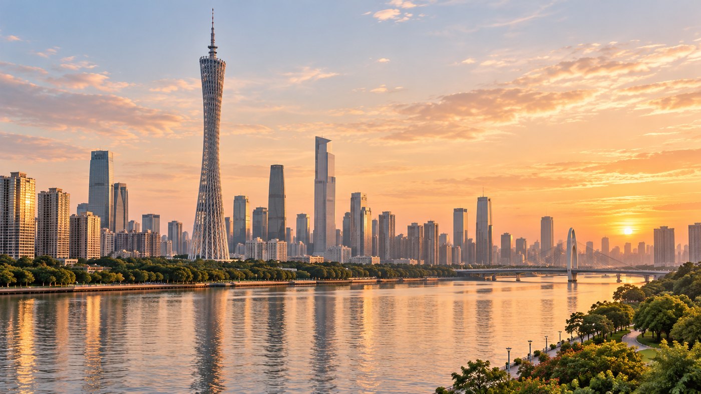 Guangzhou skyline and river at sunset