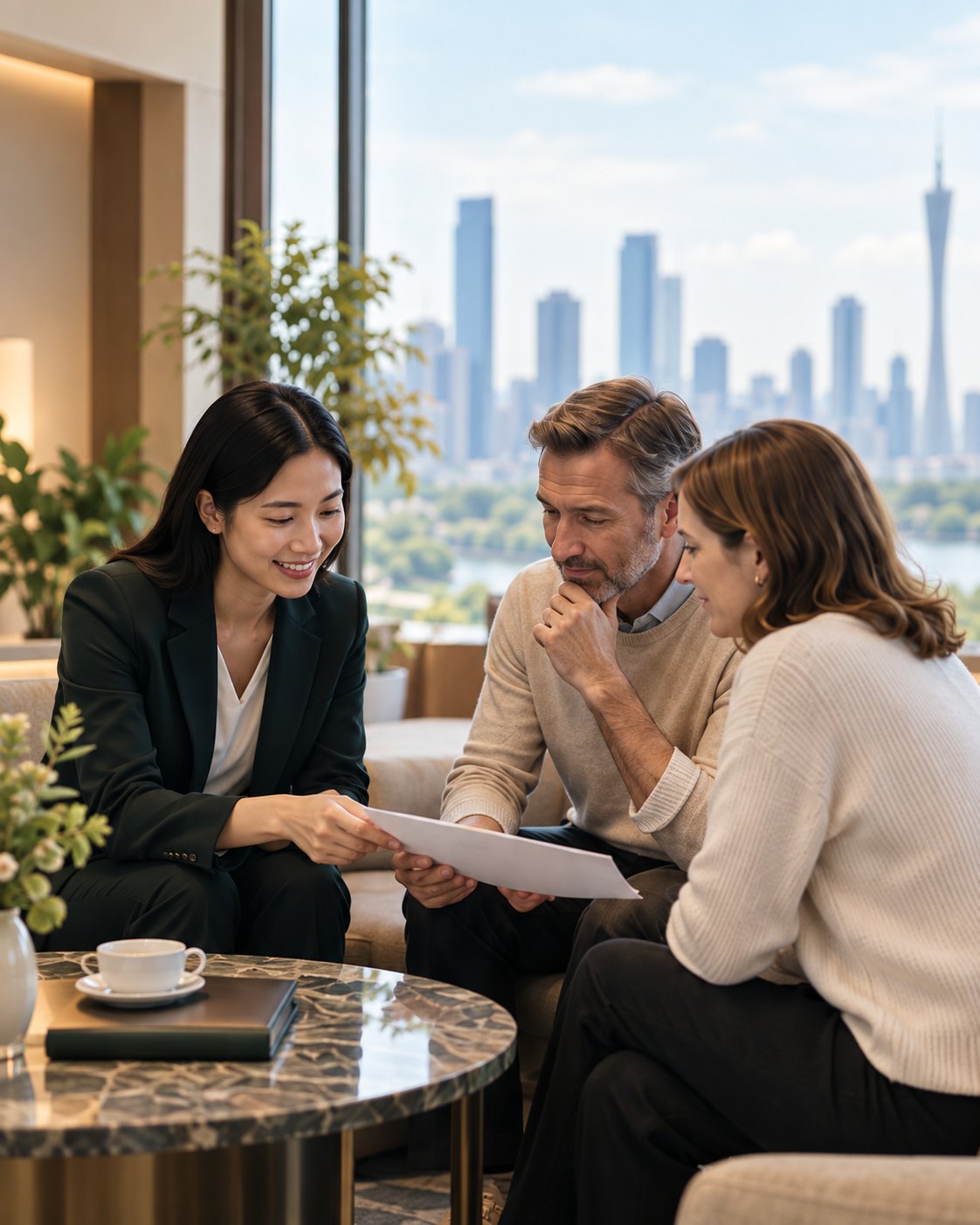 A care coordinator reviewing information with an international patient and companion