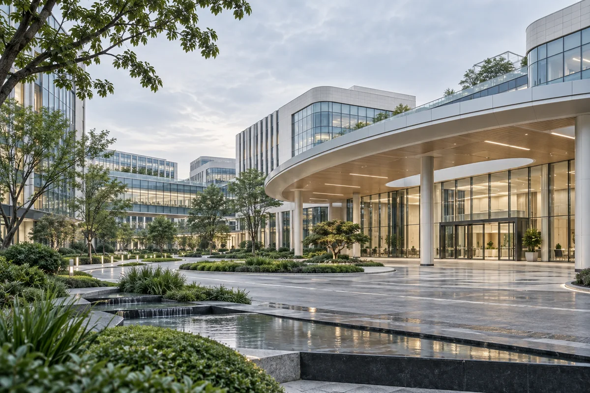 Illustrative view of a modern smart hospital campus in Chengdu